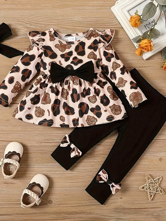 Baby Girl Autumn Winter Bowknot Top Leopard Print Pants