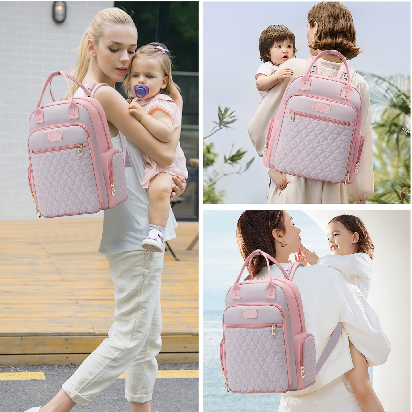 High Quality Pink Quilted Diaper Backpack with Zipper Pockets for Moms Hospital Bag Travel Essentials Stylish Casual Polyester Fabric