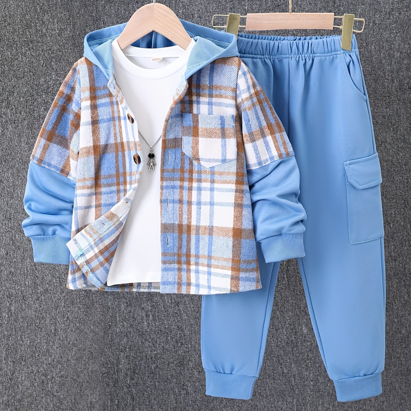 2pcs Fall And Winter Boys Long Sleeved Plaid Cardigan Suit Hooded Jacket And Fashion Work Pants