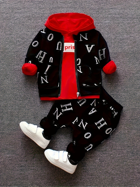 New Boys' Fashion In Spring Is Full Of Printed Letters, Long Sleeves And Hooded Three-piece Suit, And Boys' Casual Trousers Suit In Autumn.