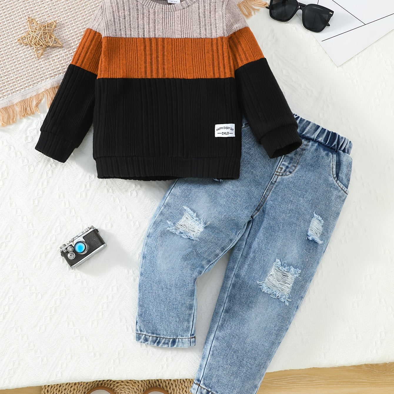 Kids Two Piece Striped Top And Distressed Faux Denim Set