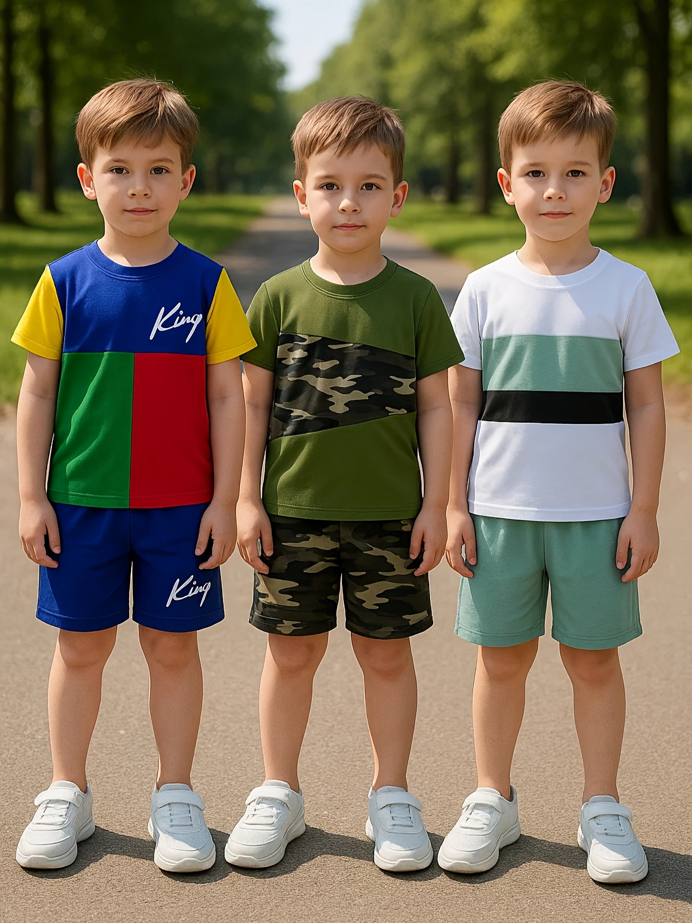 6 Piece Targeted Development Boys Fashion Summer Shorts Set with Cool Printed Shirt and Three Shorts for Outdoor Leisure Activities