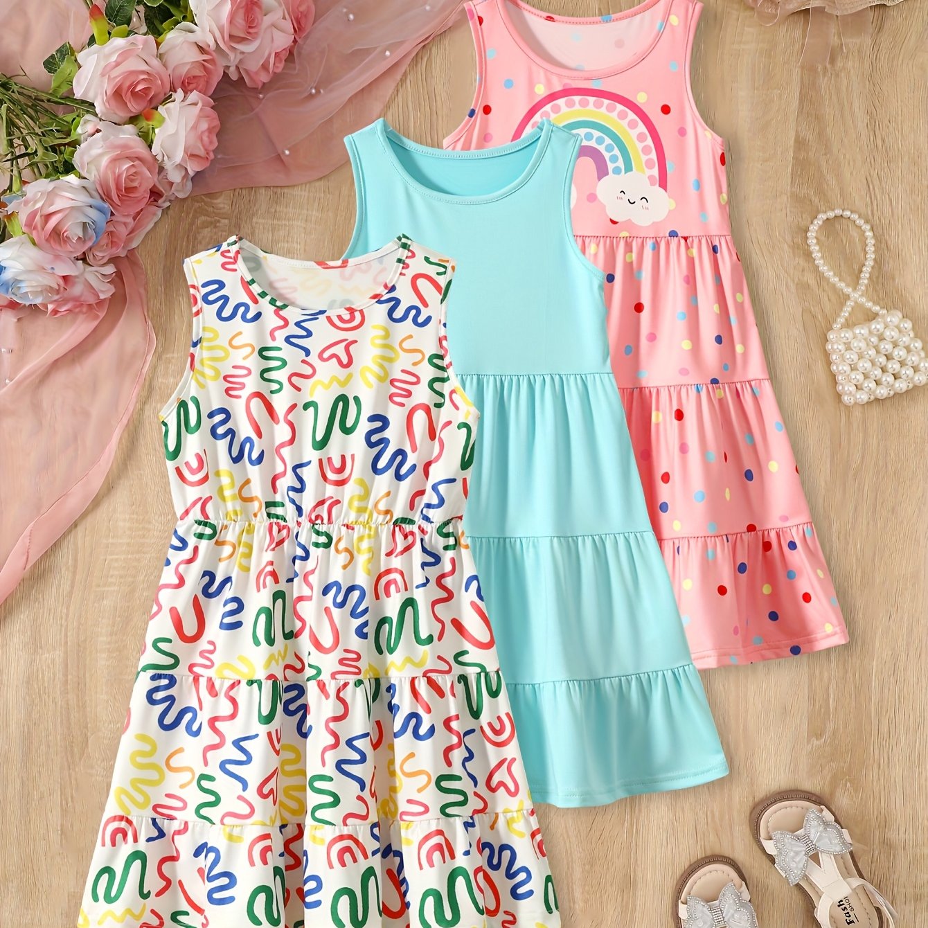 3 Pack Summer Girls Sleeveless Dresses Easter Holiday Gift Party Chic Peplum Casual Dresses for Kids