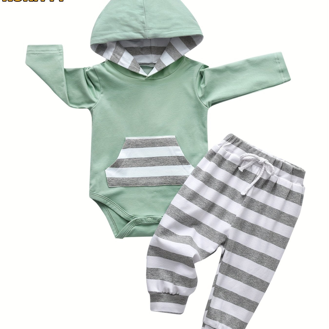 2pcs KuKitty Baby Boy Casual Outfit Set - Long Sleeve Cotton Hoodie Sweatshirt with Striped Pants, Knit Pullover, Regular Fit, Cotton Blend with Elastane, for Autumn/Winter, for Outdoor