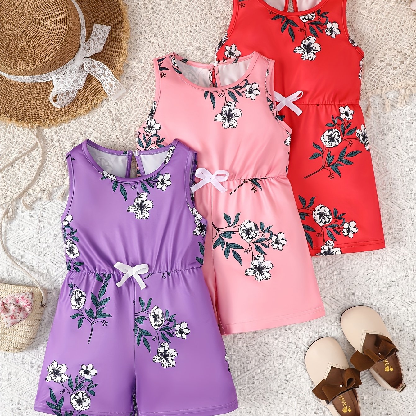 3pcs Girls Jumpsuits Summer Fashionable Casual Jumpsuits Perfect for Outdoor Activities
