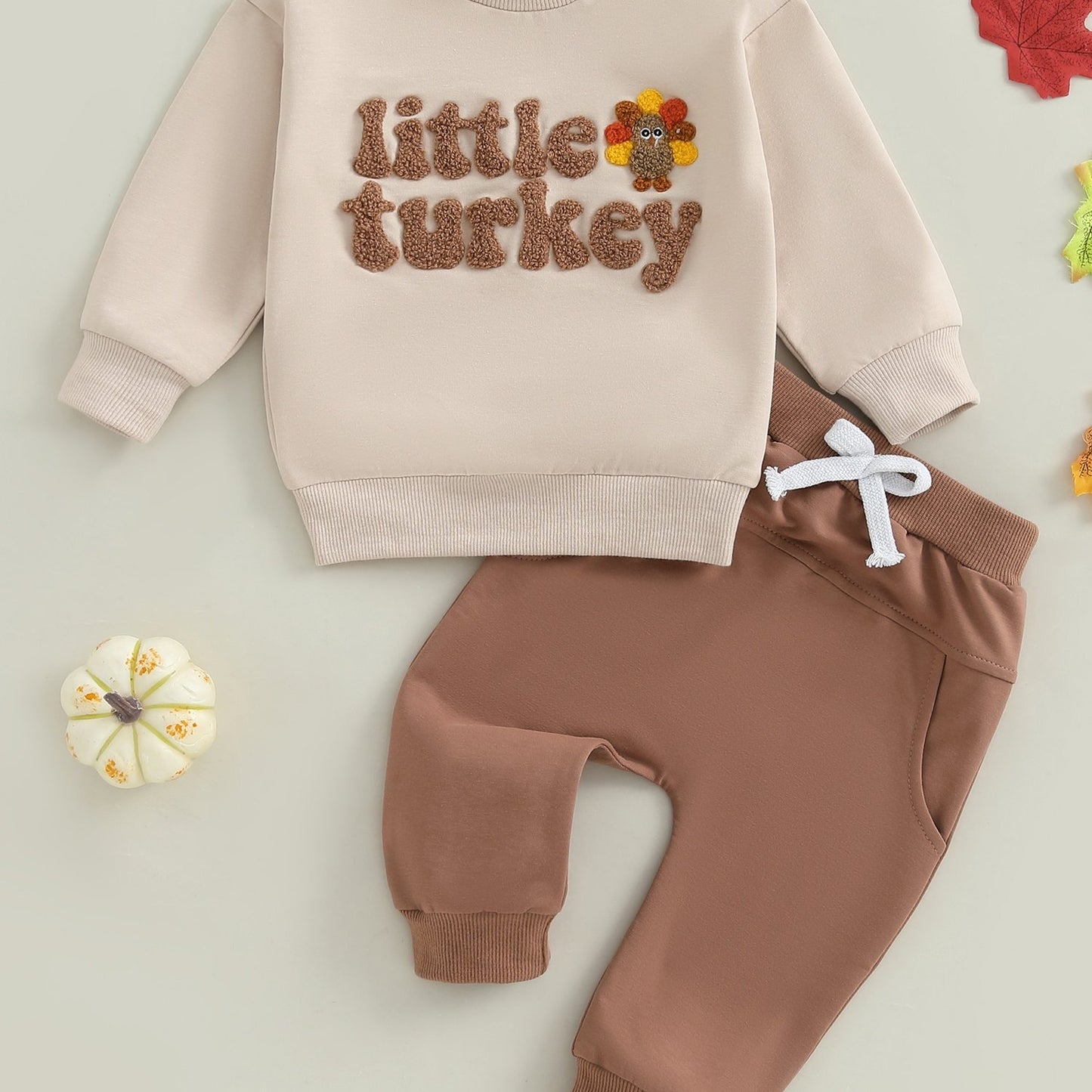 2pcs Toddler Boy Thanksgiving Outfit Set - "Little Turkey" Embroidered Long Sleeve Pullover & Elastic Waist Pants, Casual Crew Neck, Regular Fit, Spring/Fall Collection, Perfect for Thanksgiving, Thanksgiving Outfit | Playful