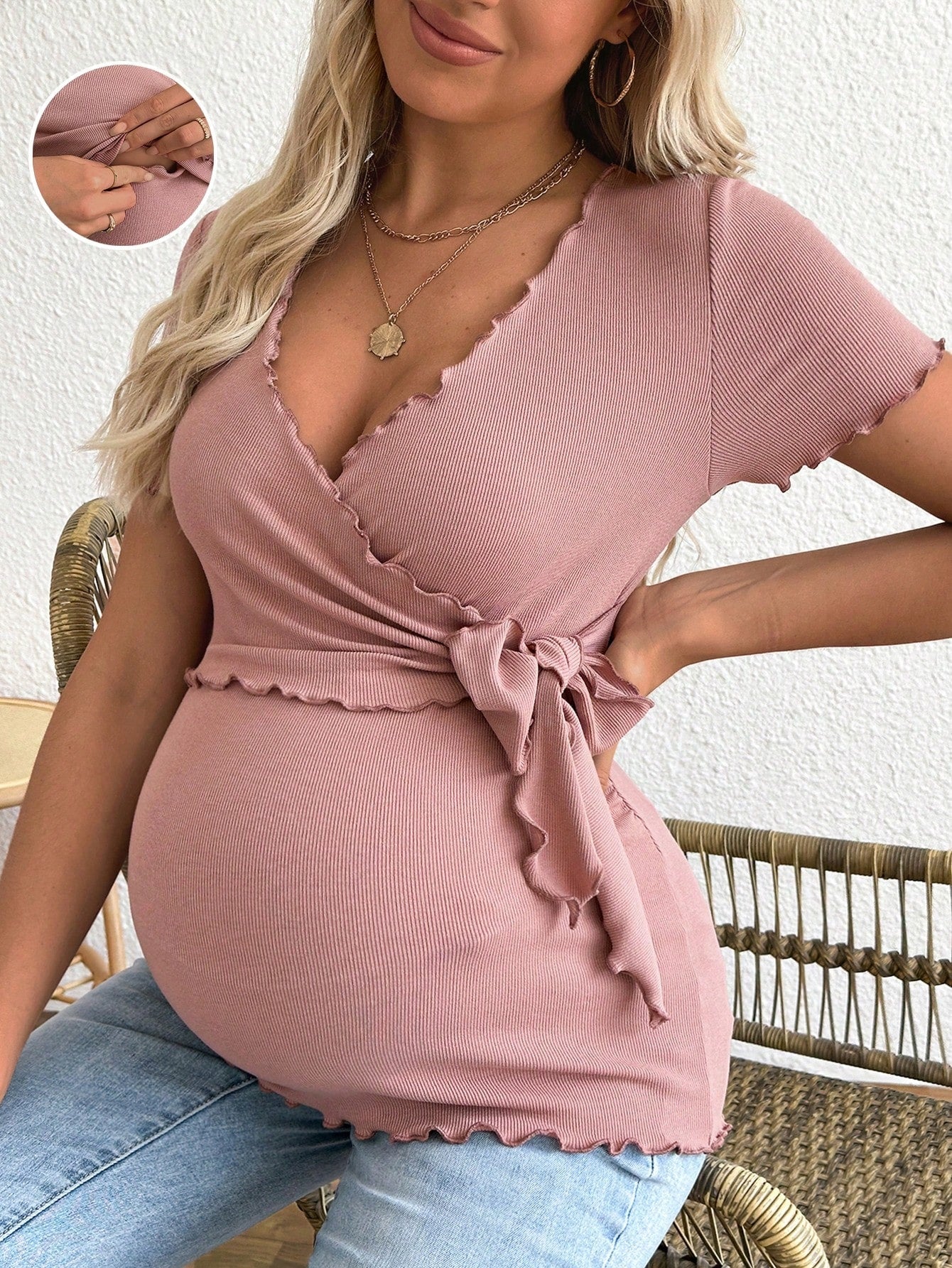 Womens Maternity Pink V Neck Short Sleeve Top Stretchy Casual Summer Shirt with Ruffled Detail Comfortable Pregnancy Wear for Breastfeeding and Casual Attire