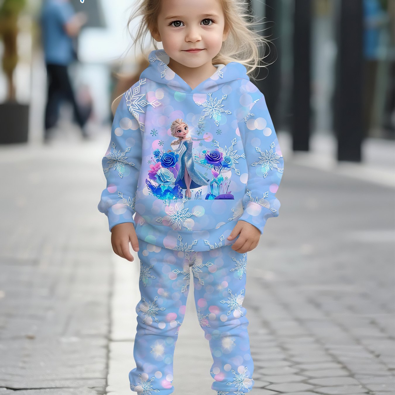 2- Piece Girls' Set with Disney Frozen Elsa Magical Snow- themed Digital Print Design, Long- sleeve Hoodie and Sweatpants Set, a Clothing Gift Suitable for Children. of Comfortable Fabric, Suitable for Autumn and Winter, Casu
