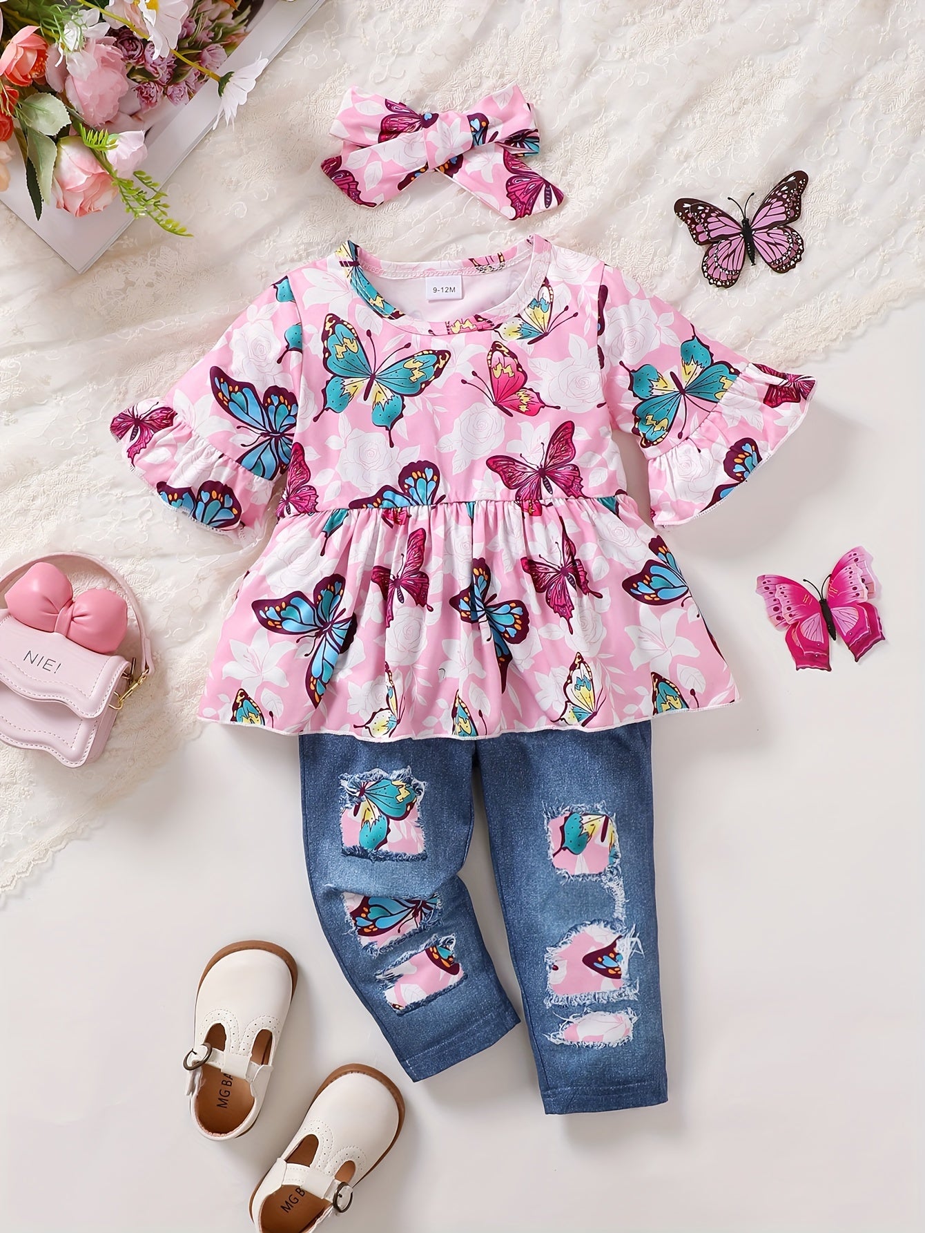 Toddler Baby Girl Winter Outfits Cute Butterfly Top And Jeans Set