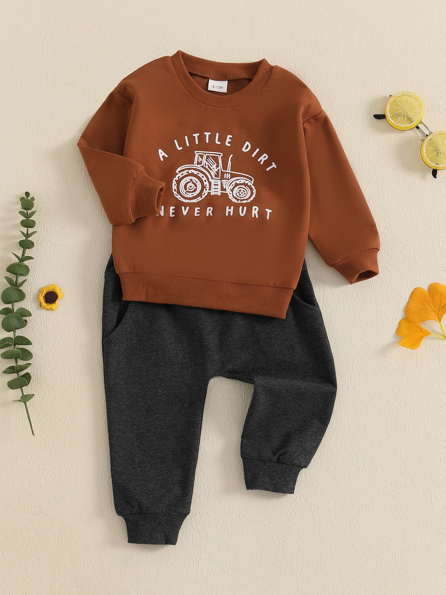 Cotton Blend Boys Outfit Set Tractor Print Sweatshirt Pants