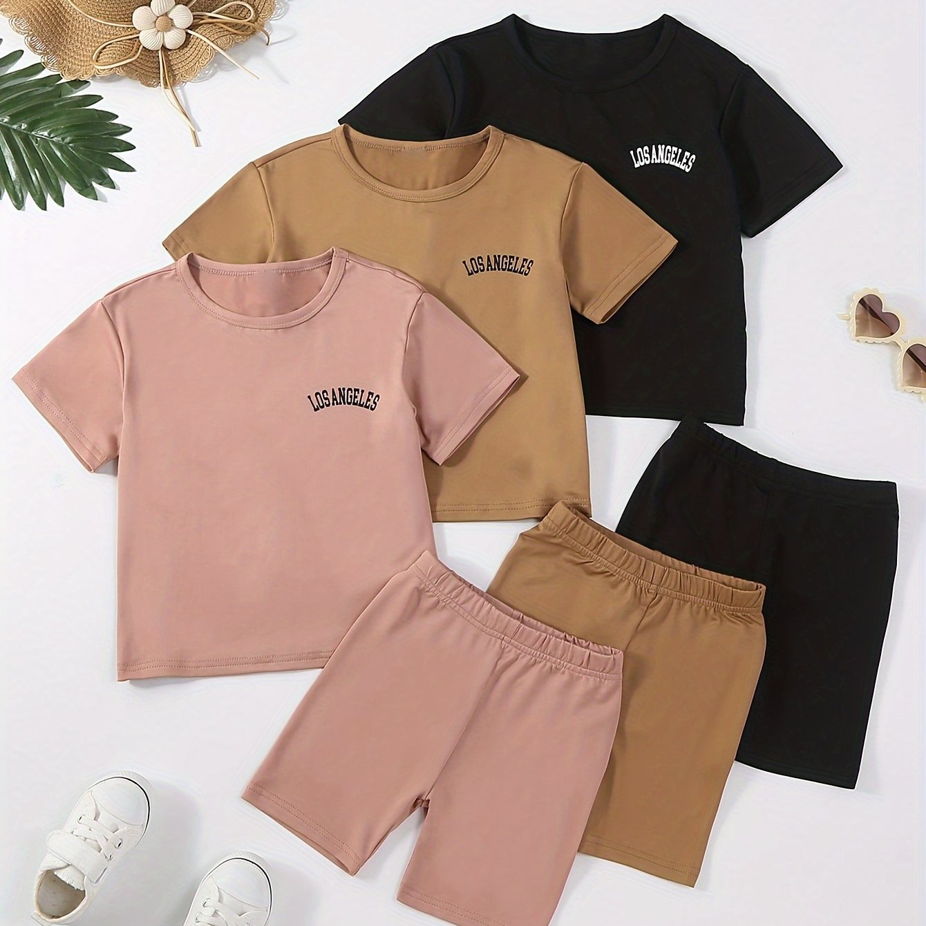 3 Sets Toddler Girls Outfits Los Angeles Letter Print Short Sleeve T Shirt Tops Casual Shorts Set Comfy Versatile Summer Sets