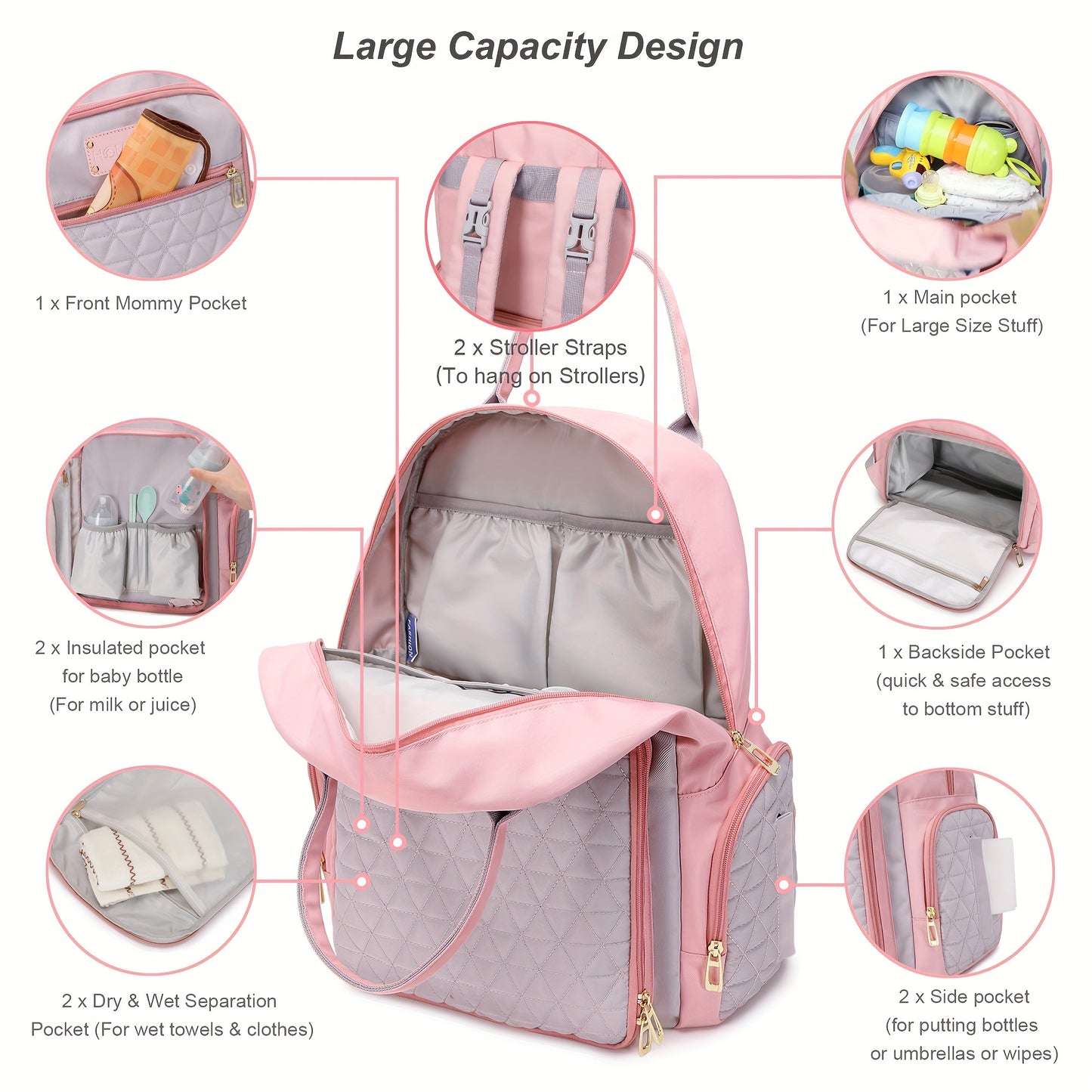 High Quality Pink Quilted Diaper Backpack with Zipper Pockets for Moms Hospital Bag Travel Essentials Stylish Casual Polyester Fabric