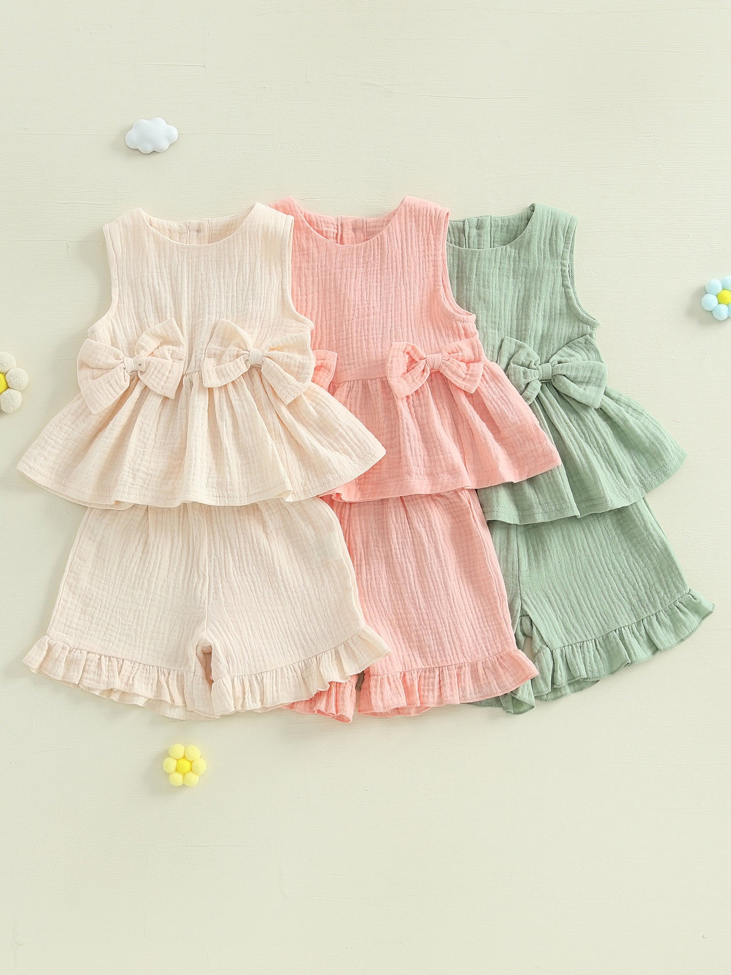 Toddler Girl Summer Clothes Solid Color Bow Round Neck Tank Tops and Elastic Waist Ruffled Shorts 2 Piece Set for Outdoor Activities