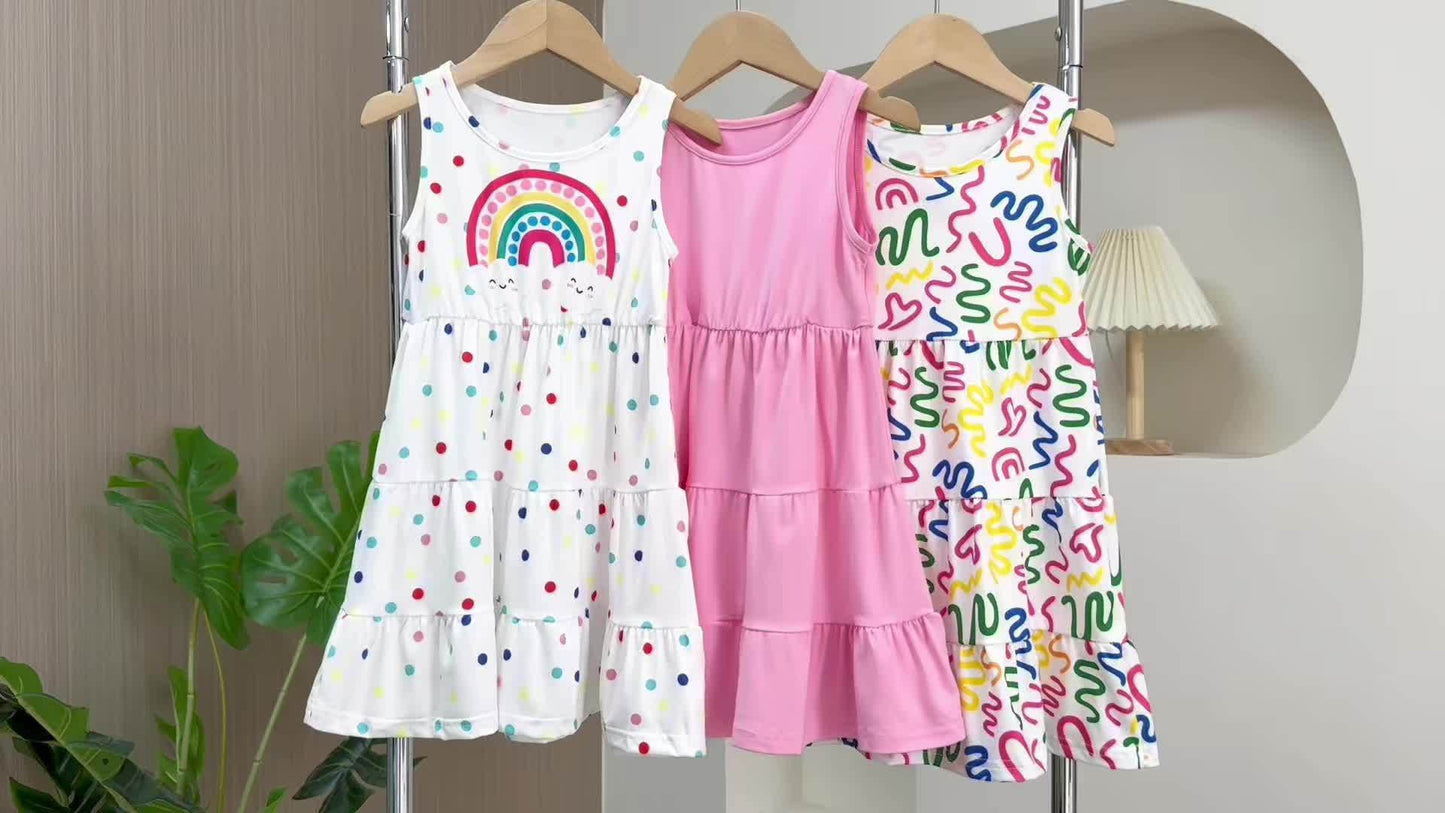 3 Pack Summer Girls Sleeveless Dresses Easter Holiday Gift Party Chic Peplum Casual Dresses for Kids