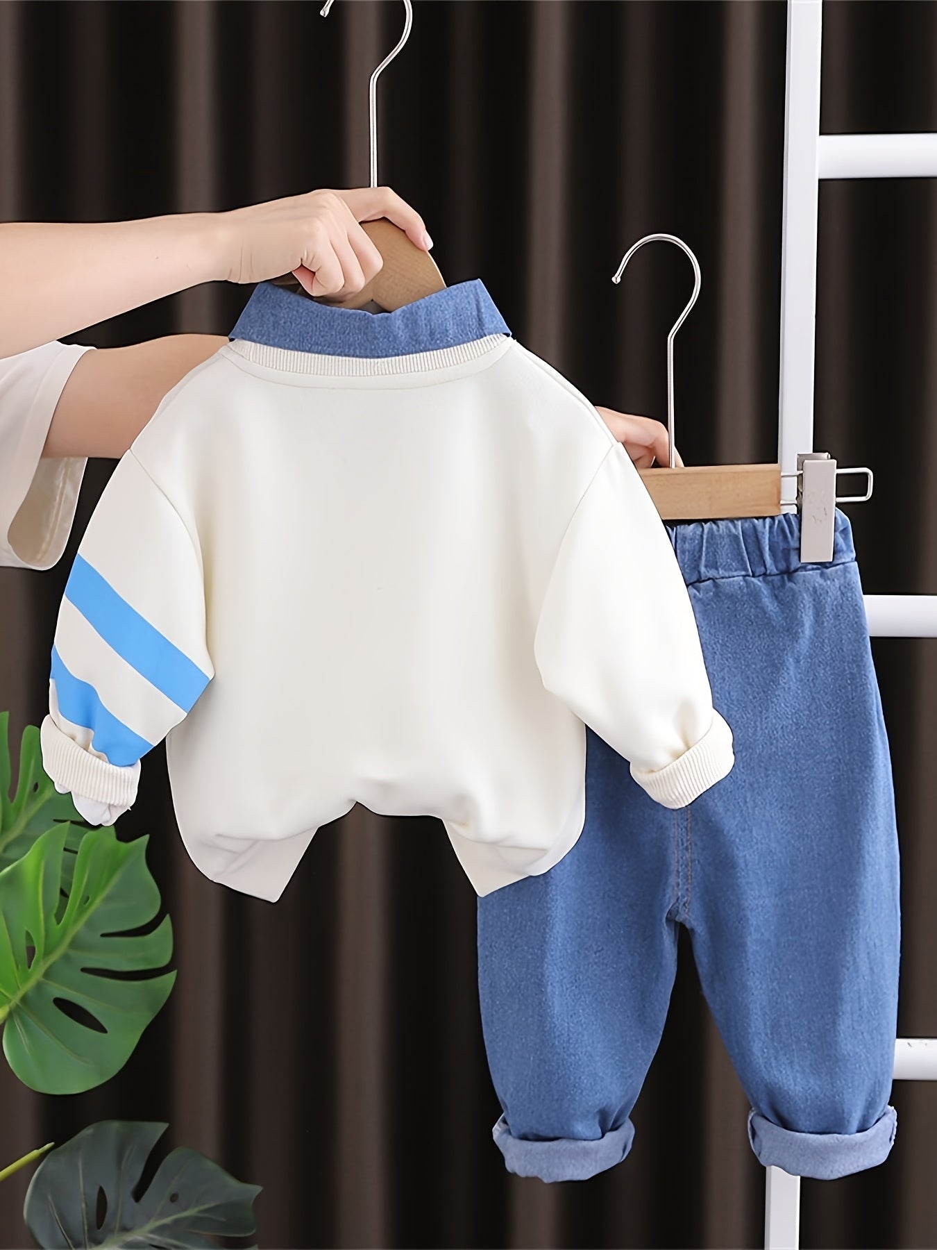 Boys' Denim Overalls with Cartoon Bear Print - Loose Fit Casual Spring/Fall Outfit, Matching Denim Pants & Black Sweater, Perfect for Outdoor Play, Bear Clothes, Perfect for Outdoor