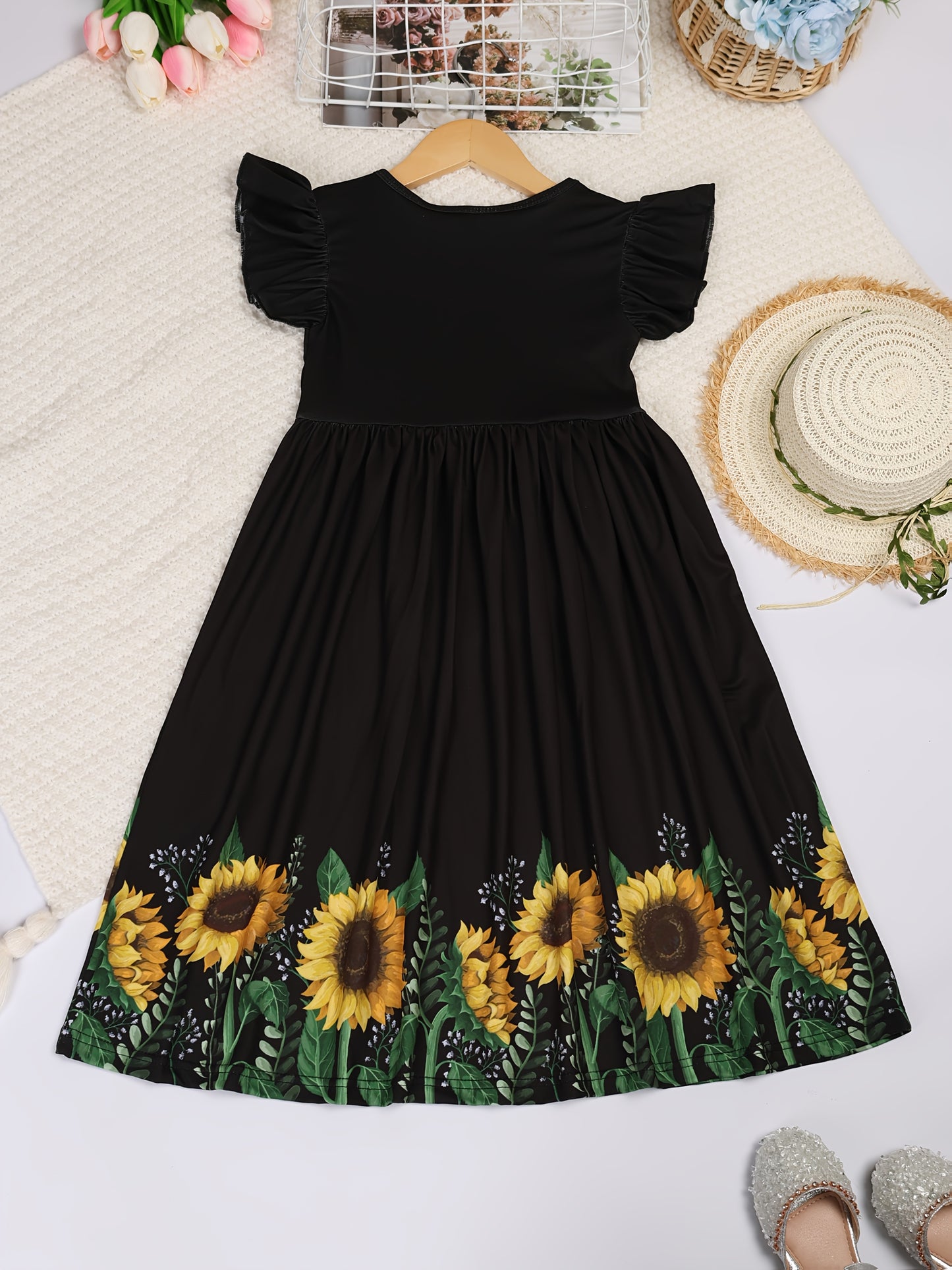 Girls Summer Sunflower Print Dress with Ruffled Sleeves Black and Yellow Floral Pattern Casual Crew Neck Mid Calf Length Fitted Top and Flared Skirt Breathable Polyester Machine Washable
