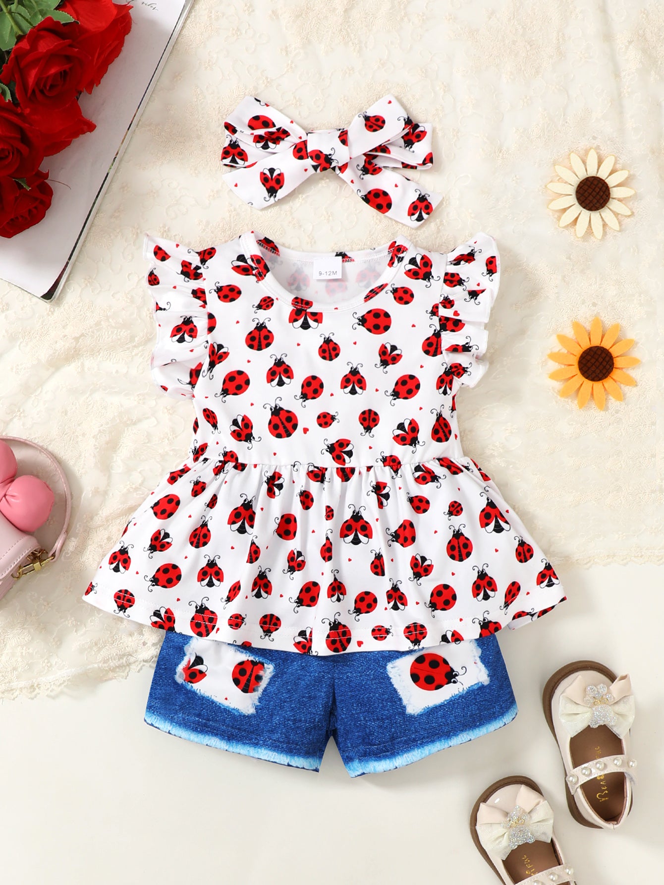 Cute Ladybug Baby Girl Ruffle Trim Sleeve T-Shirt and Shorts Outdoor Set Toddler Girl Casual Summer Outfit