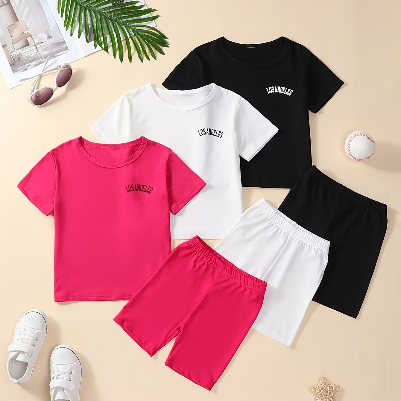 3 Sets Toddler Girls Outfits Los Angeles Letter Print Short Sleeve T Shirt Tops Casual Shorts Set Comfy Versatile Summer Sets