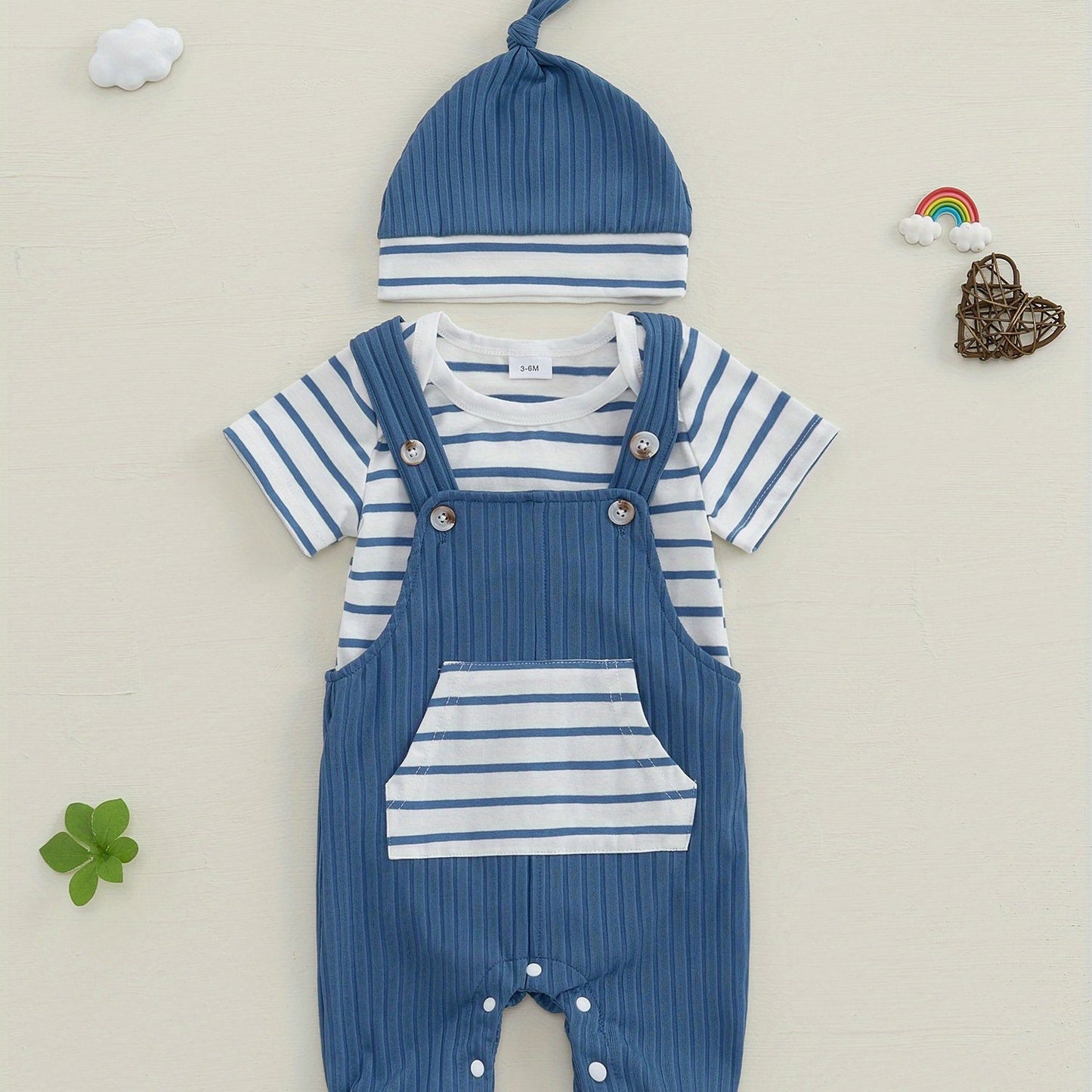 Baby Boys Summer Outfits Stripe Short Sleeve Rompers Suspender Pants Hat 3 Piece Clothes Set for Outdoor Activities