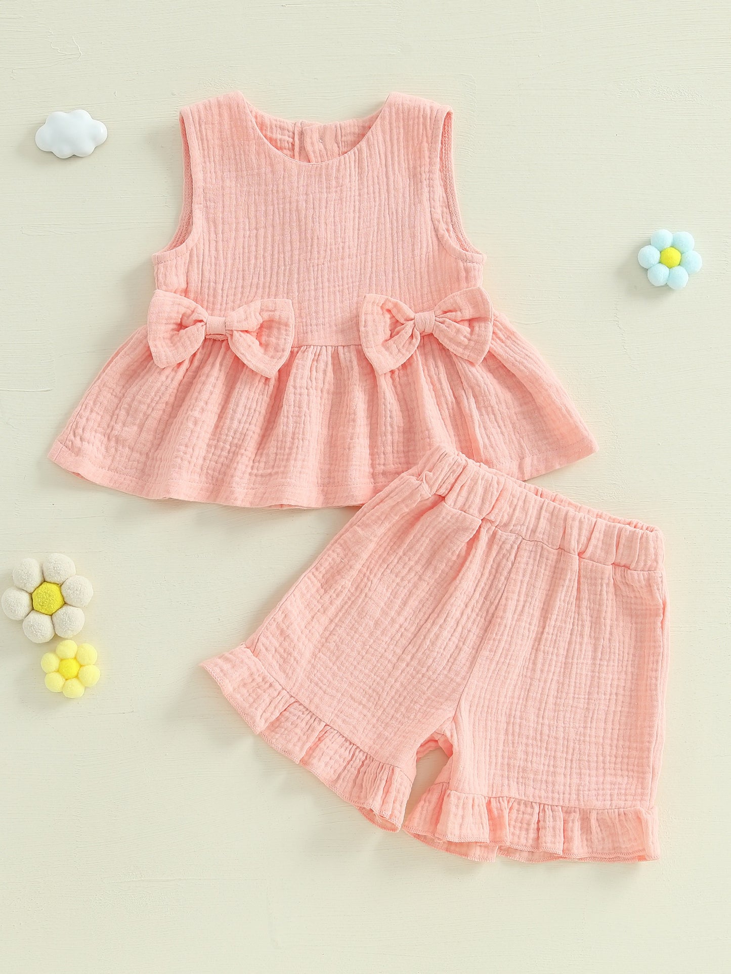 Toddler Girl Summer Clothes Solid Color Bow Round Neck Tank Tops and Elastic Waist Ruffled Shorts 2 Piece Set for Outdoor Activities