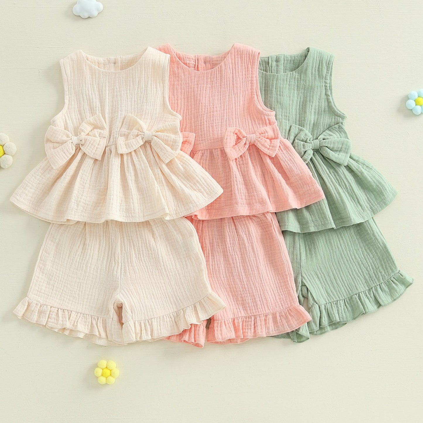 Toddler Girl Summer Clothes Solid Color Bow Round Neck Tank Tops and Elastic Waist Ruffled Shorts 2 Piece Set for Outdoor Activities