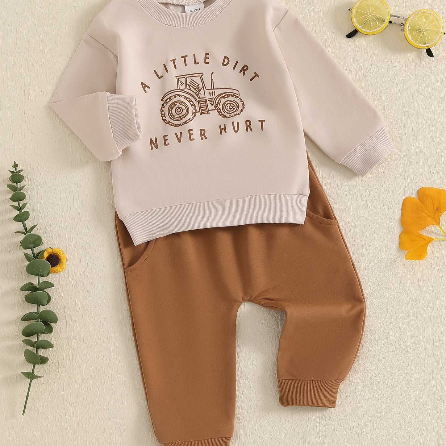Cotton Blend Boys Outfit Set Tractor Print Sweatshirt Pants