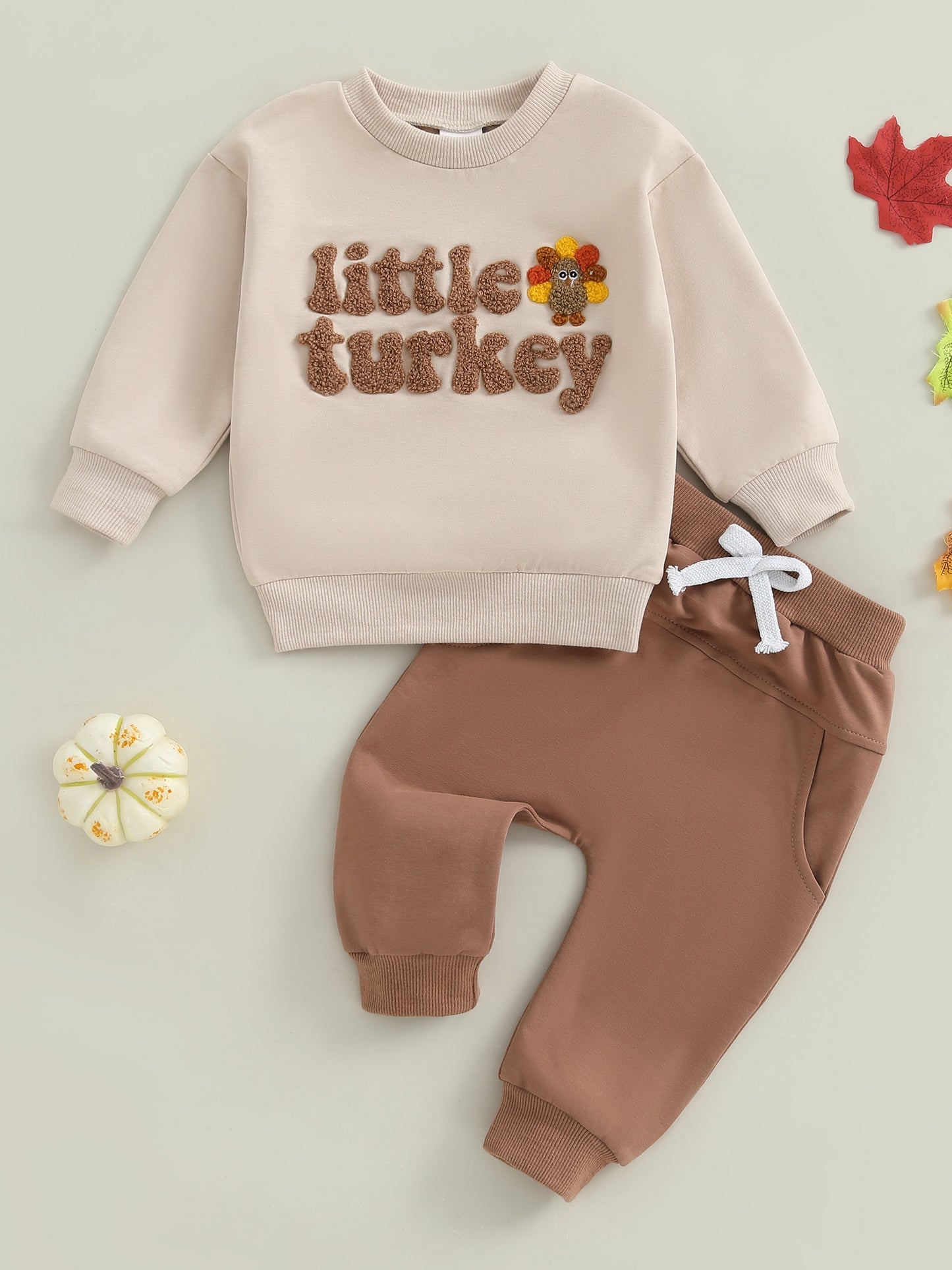 2pcs Toddler Boy Thanksgiving Outfit Set - "Little Turkey" Embroidered Long Sleeve Pullover & Elastic Waist Pants, Casual Crew Neck, Regular Fit, Spring/Fall Collection, Perfect for Thanksgiving, Thanksgiving Outfit | Playful
