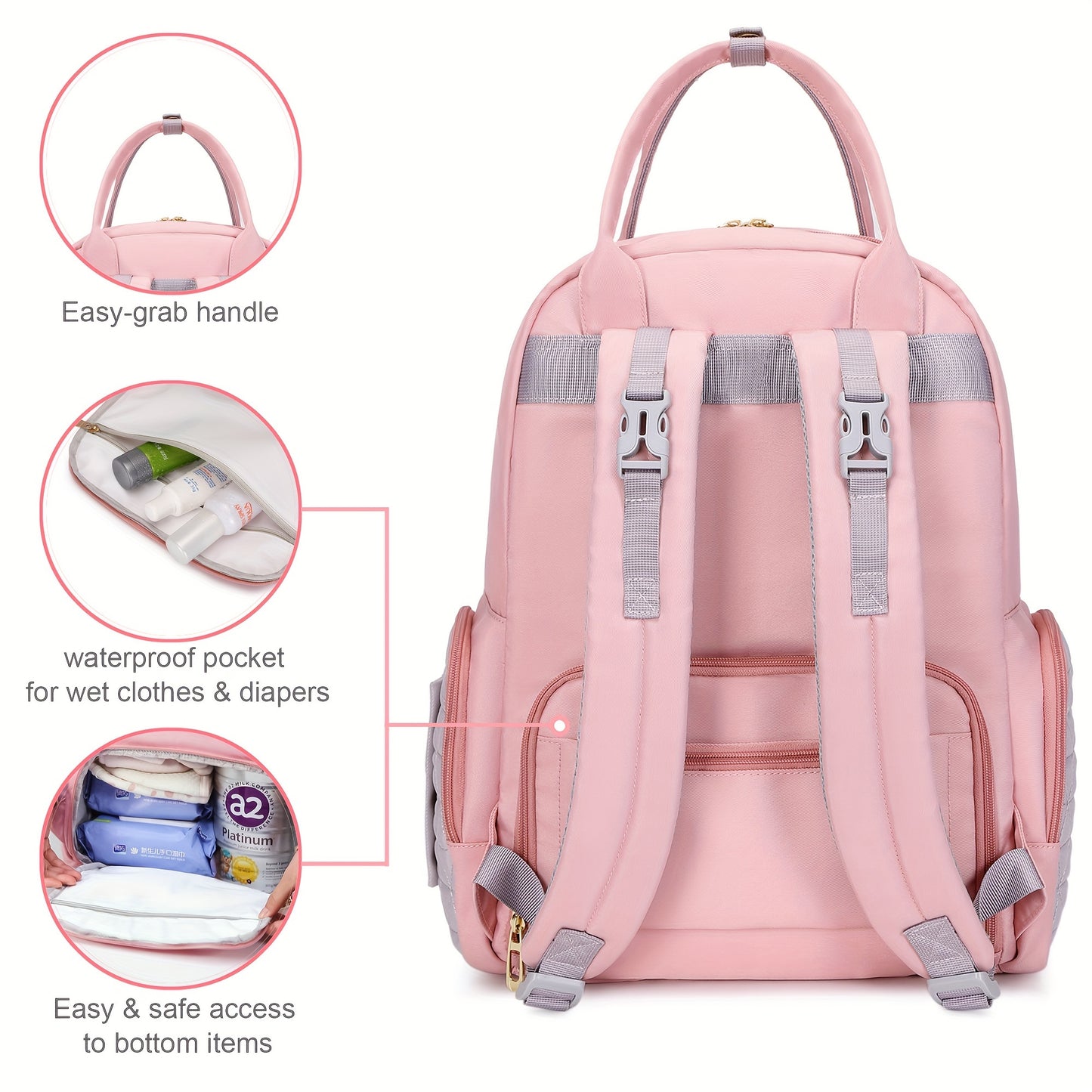 High Quality Pink Quilted Diaper Backpack with Zipper Pockets for Moms Hospital Bag Travel Essentials Stylish Casual Polyester Fabric