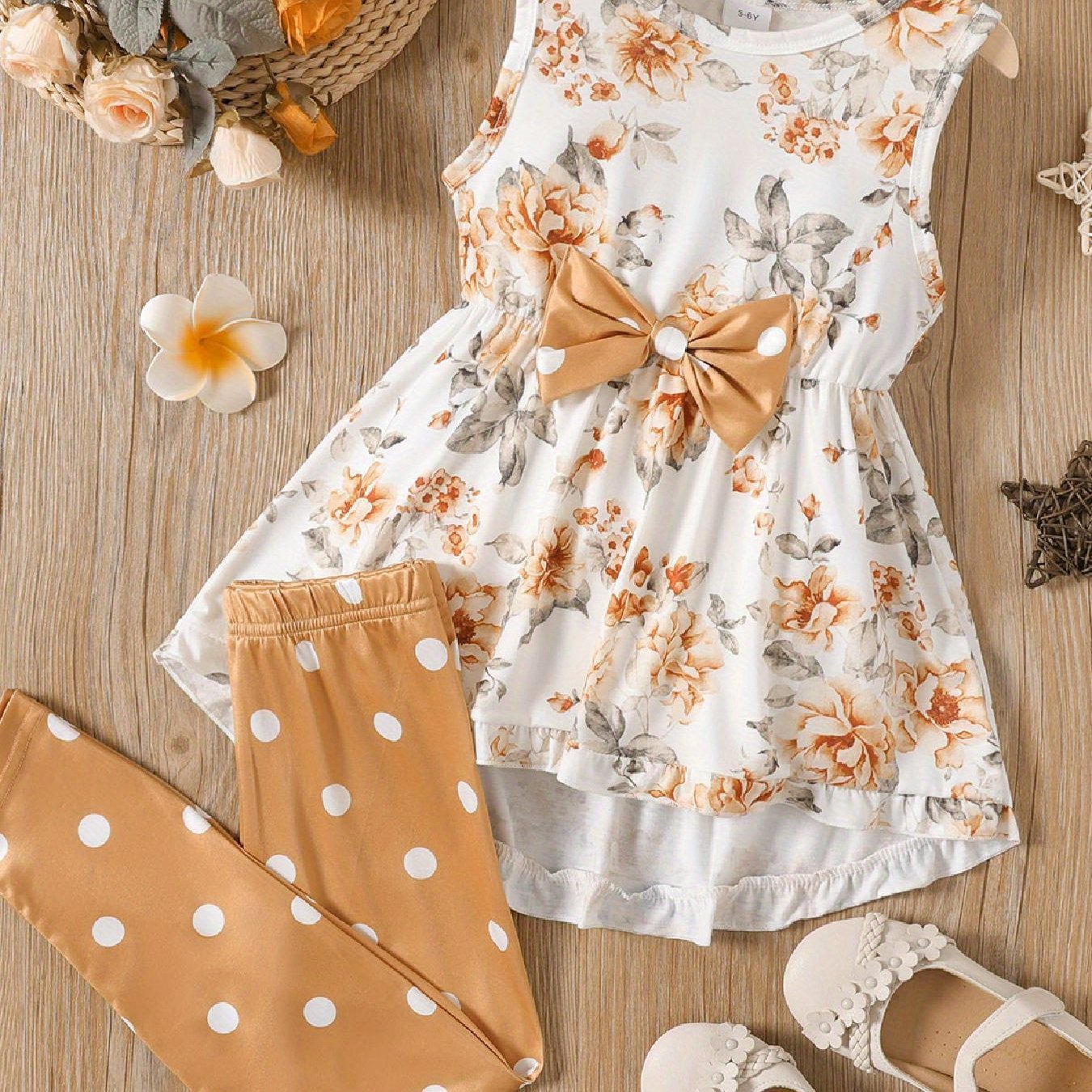 Cute Floral Dress Patpat 2pcs Toddler and Kid Girl's Outfit Sleeveless Dress with Bow and Polka Dot Leggings Soft Summer Spring Clothes for Girls 2 to 12 Years