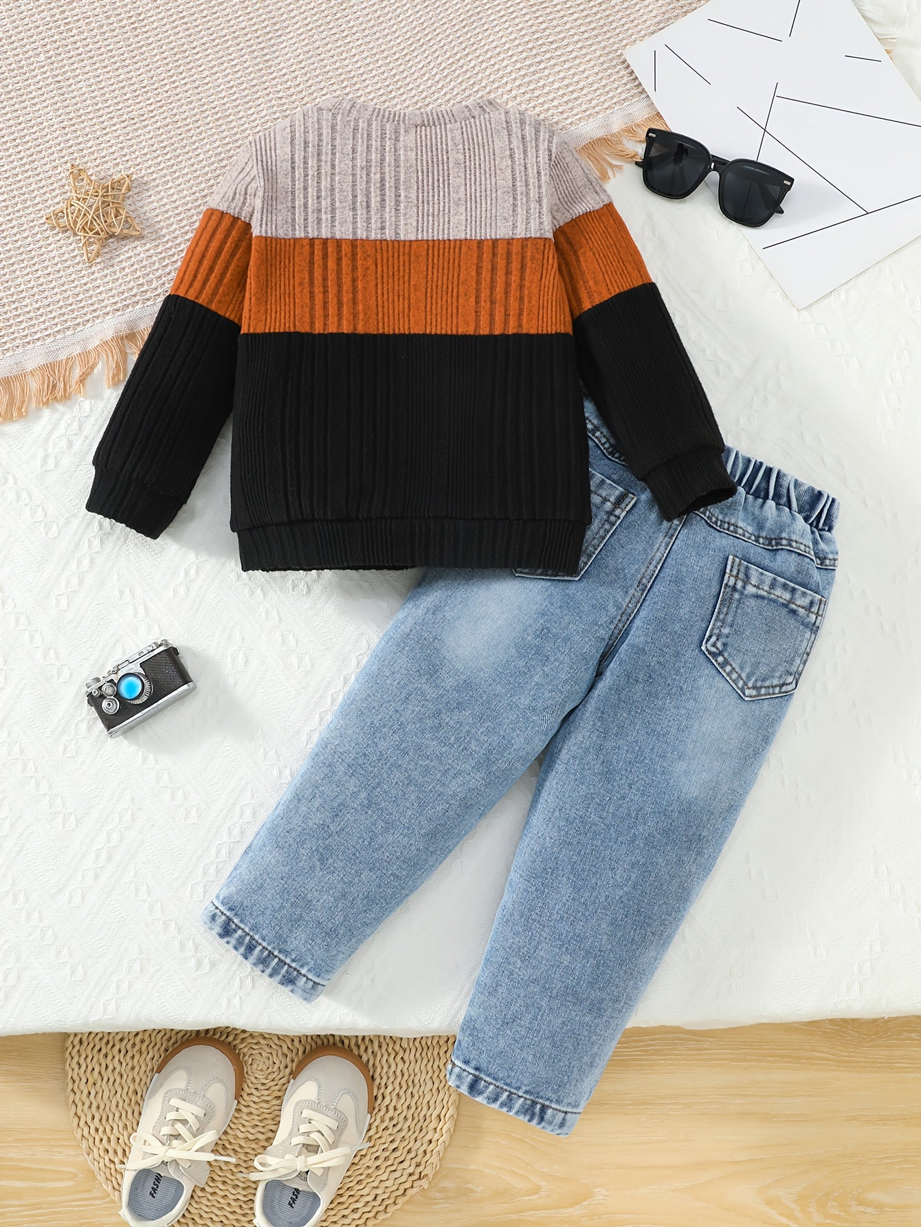 Kids Two Piece Striped Top And Distressed Faux Denim Set