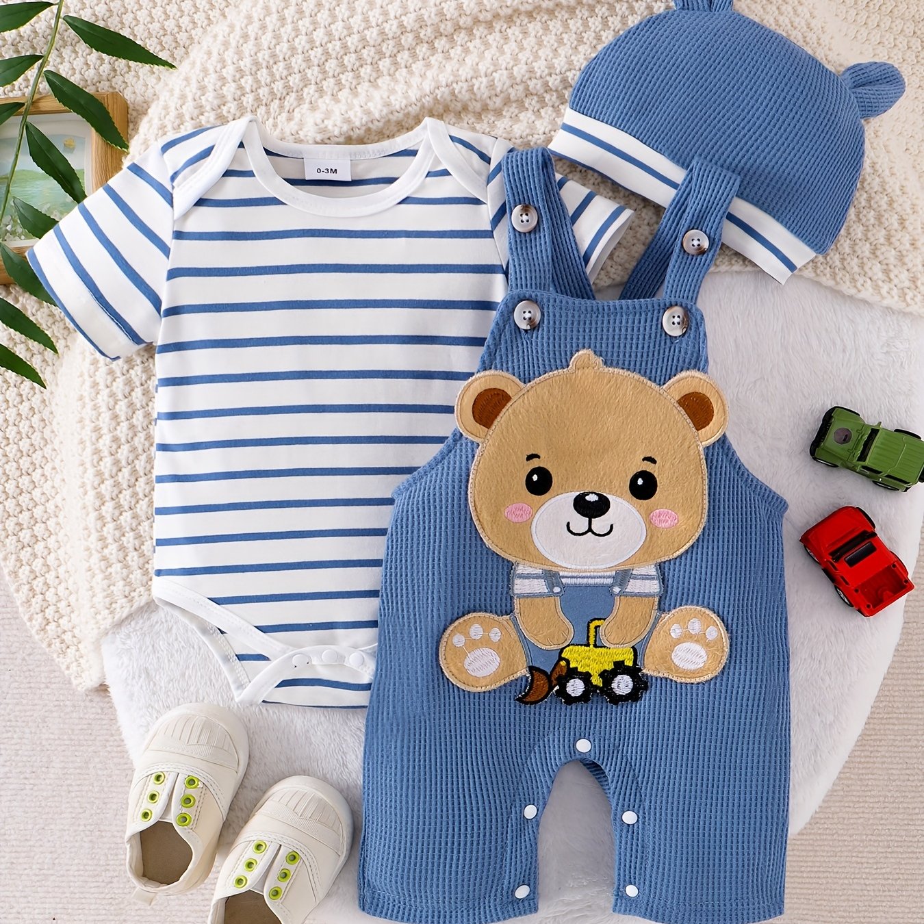 Baby Boy Clothes Short Sleeved Cute Cartoon Romper Shorts And Hat Overalls Suspender Set For Boys 0 To 18 Months Outdoor Use