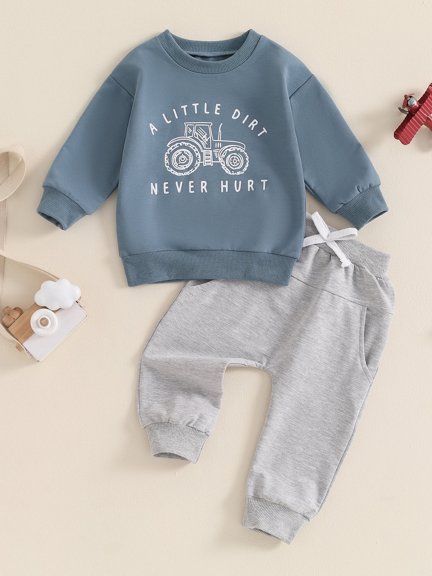 Cotton Blend Boys Outfit Set Tractor Print Sweatshirt Pants