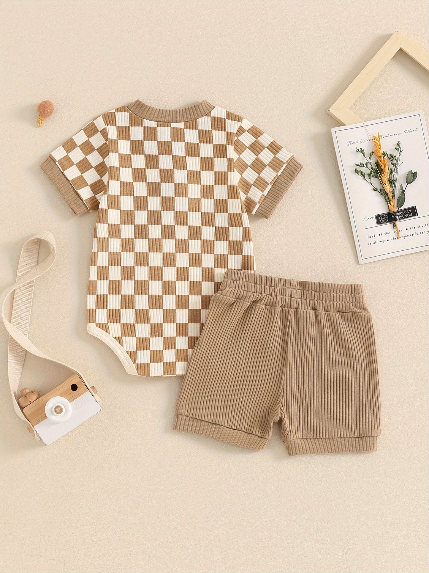 Baby Boys Summer Outfits Checkerboard Buttons Short Sleeve Romper And Shorts 2pcs Clothes Set For Outdoor