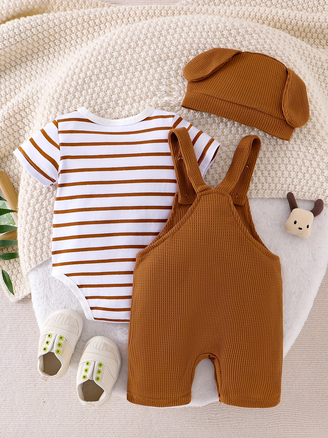 Baby Boy Clothes Short Sleeved Cute Cartoon Romper Shorts And Hat Overalls Suspender Set For Boys 0 To 18 Months Outdoor Use