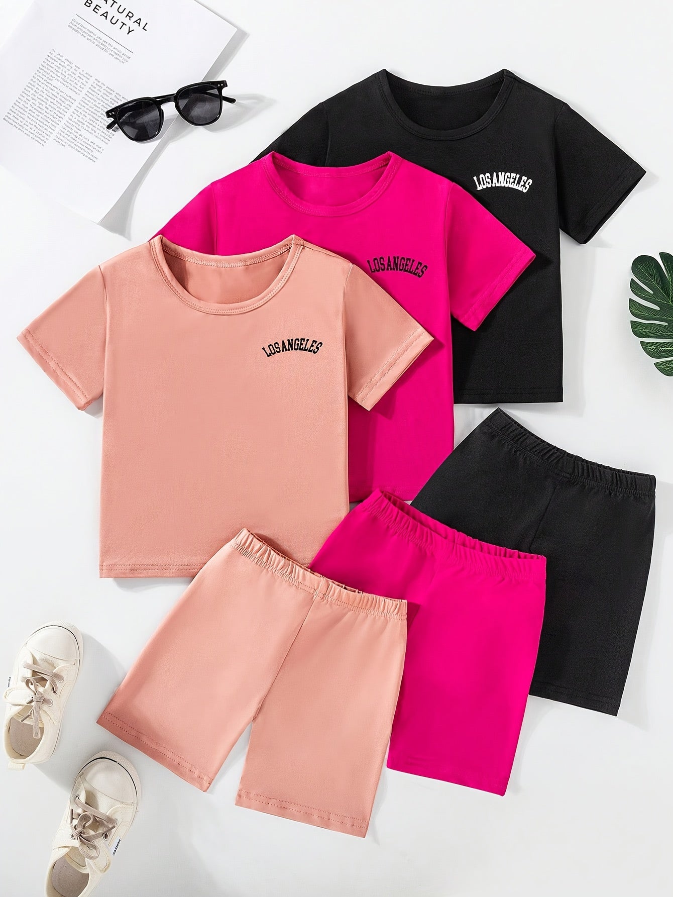 3 Sets Toddler Girls Outfits Los Angeles Letter Print Short Sleeve T Shirt Tops Casual Shorts Set Comfy Versatile Summer Sets