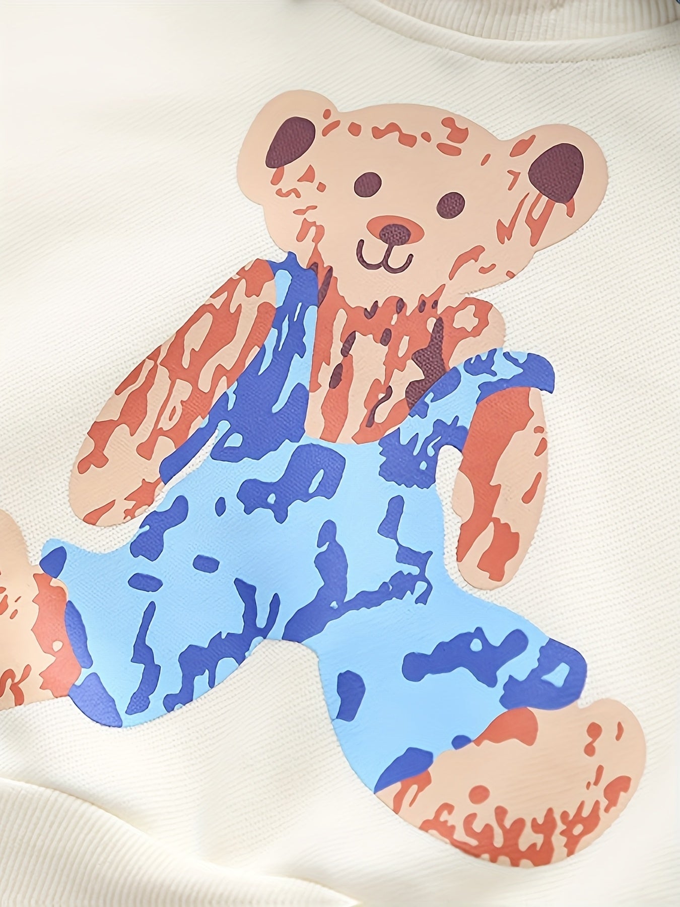 Boys' Denim Overalls with Cartoon Bear Print - Loose Fit Casual Spring/Fall Outfit, Matching Denim Pants & Black Sweater, Perfect for Outdoor Play, Bear Clothes, Perfect for Outdoor