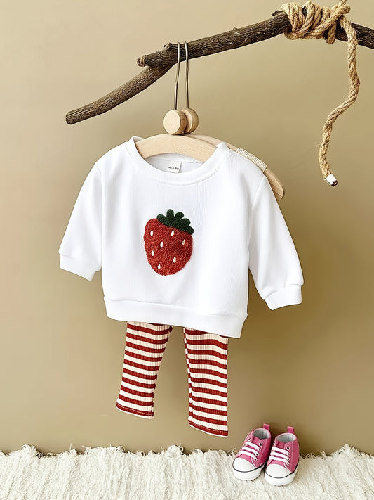 2pcs Set For Girls Featuring A Sweet And Cute Strawberry Pattern - Long Sleeve Round Neck Pullover And Striped Long Pants, Trendy Children'S Outfit For Girls, Autumn Kids' Clothing, Baby Girl Outfits, Toddler Girls' Clothing,