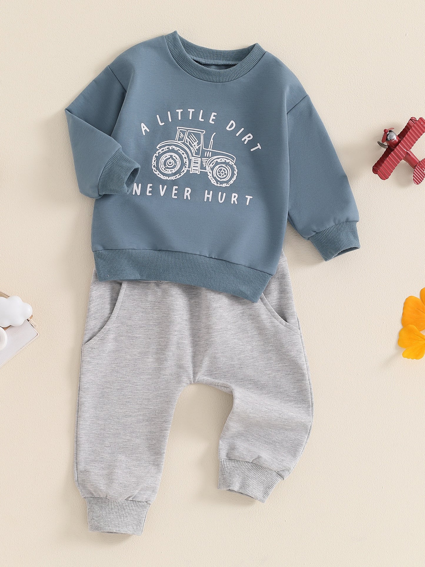 Cotton Blend Boys Outfit Set Tractor Print Sweatshirt Pants