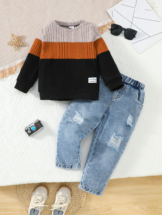 Kids Two Piece Striped Top And Distressed Faux Denim Set