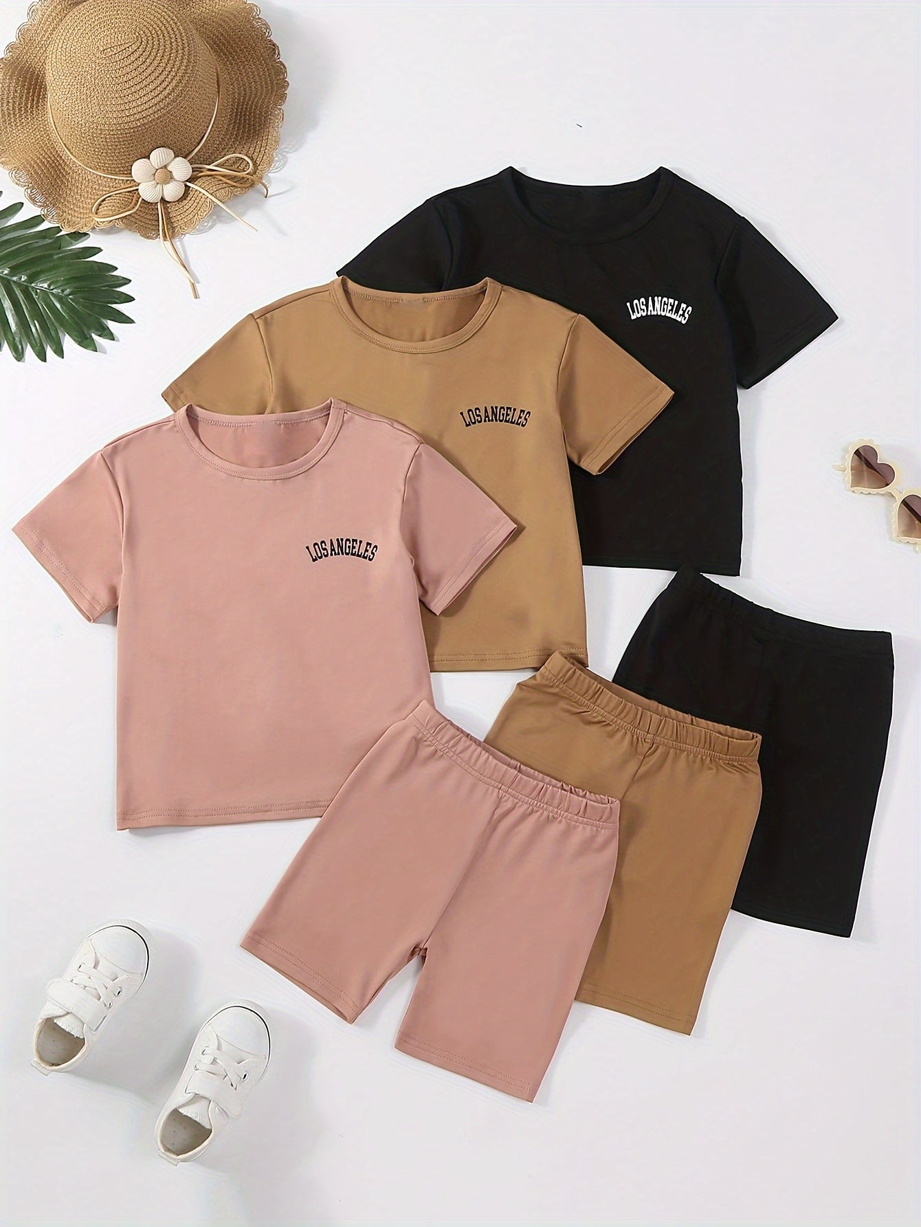 3 Sets Toddler Girls Outfits Los Angeles Letter Print Short Sleeve T Shirt Tops Casual Shorts Set Comfy Versatile Summer Sets