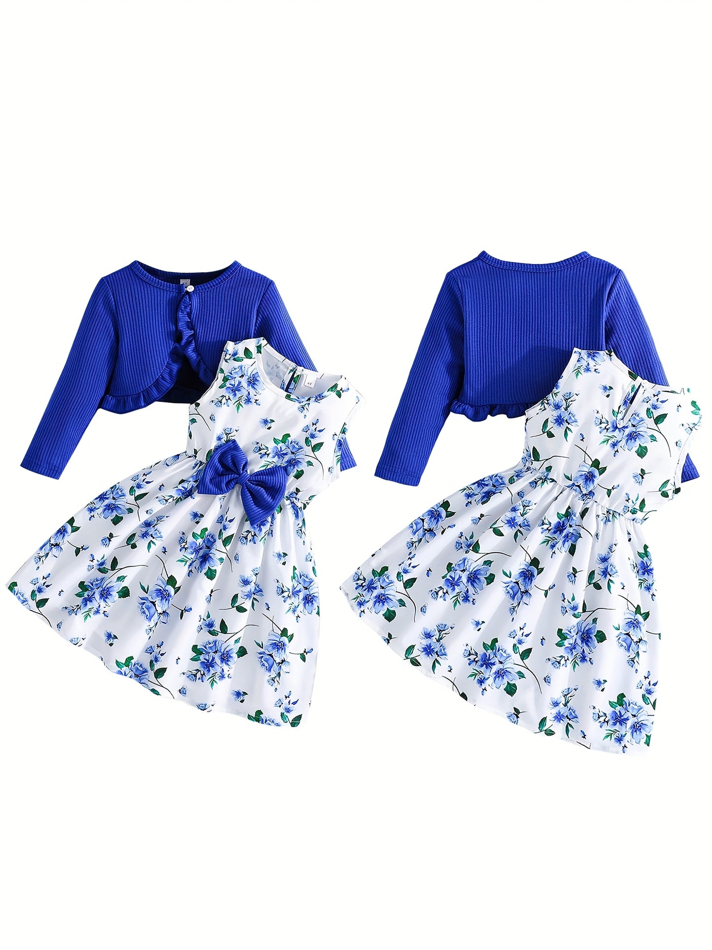 Girl Dress Set Floral Print Round Neck Bow A-Line Tank Dress with Ruffled Ribbed Cardigan