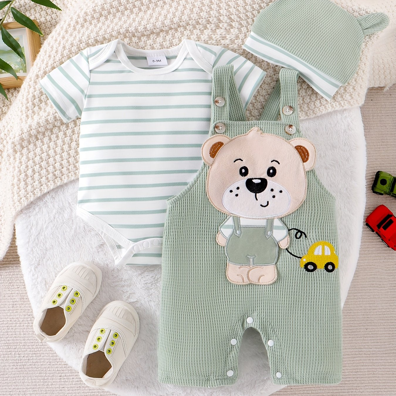 Baby Boy Clothes Short Sleeved Cute Cartoon Romper Shorts And Hat Overalls Suspender Set For Boys 0 To 18 Months Outdoor Use