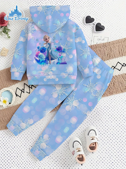 2- Piece Girls' Set with Disney Frozen Elsa Magical Snow- themed Digital Print Design, Long- sleeve Hoodie and Sweatpants Set, a Clothing Gift Suitable for Children. of Comfortable Fabric, Suitable for Autumn and Winter, Casu