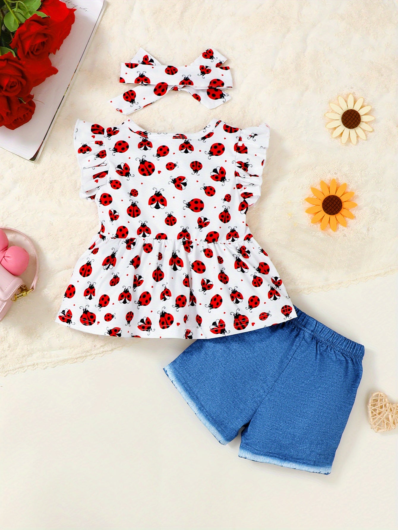 Cute Ladybug Baby Girl Ruffle Trim Sleeve T-Shirt and Shorts Outdoor Set Toddler Girl Casual Summer Outfit