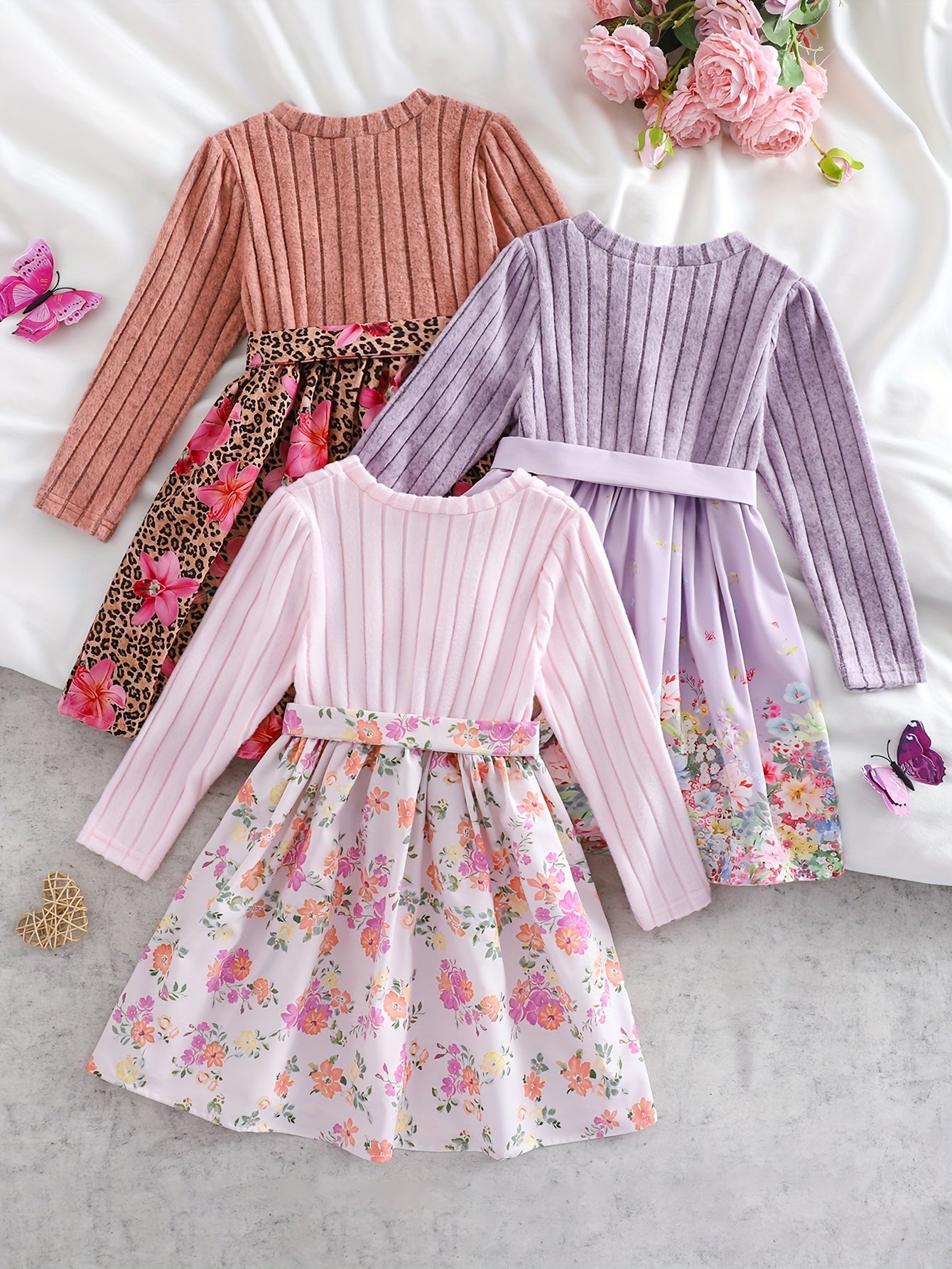 Floral Three Piece Girls Dress Set For Outdoor Casual Wear