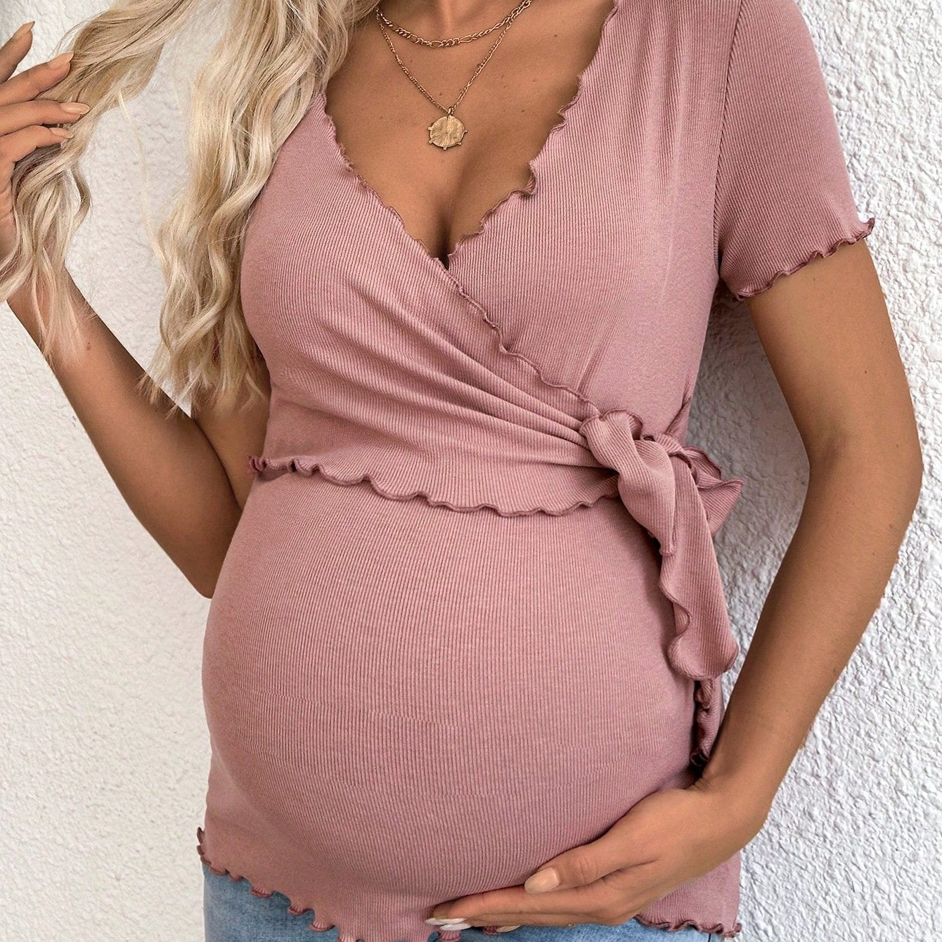 Womens Maternity Pink V Neck Short Sleeve Top Stretchy Casual Summer Shirt with Ruffled Detail Comfortable Pregnancy Wear for Breastfeeding and Casual Attire