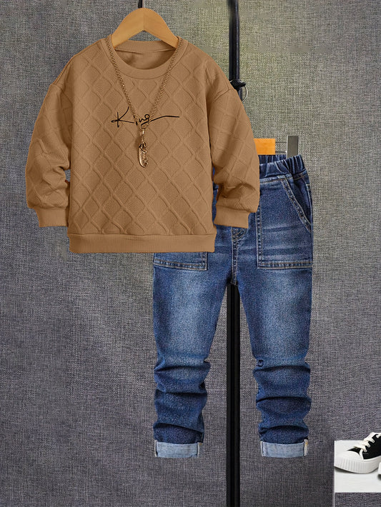 Boys Long Sleeve Orange Round Neck Sweatshirt Two Piece Set