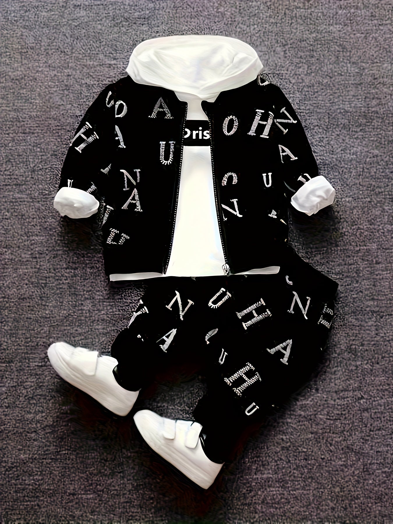 New Boys' Fashion In Spring Is Full Of Printed Letters, Long Sleeves And Hooded Three-piece Suit, And Boys' Casual Trousers Suit In Autumn.