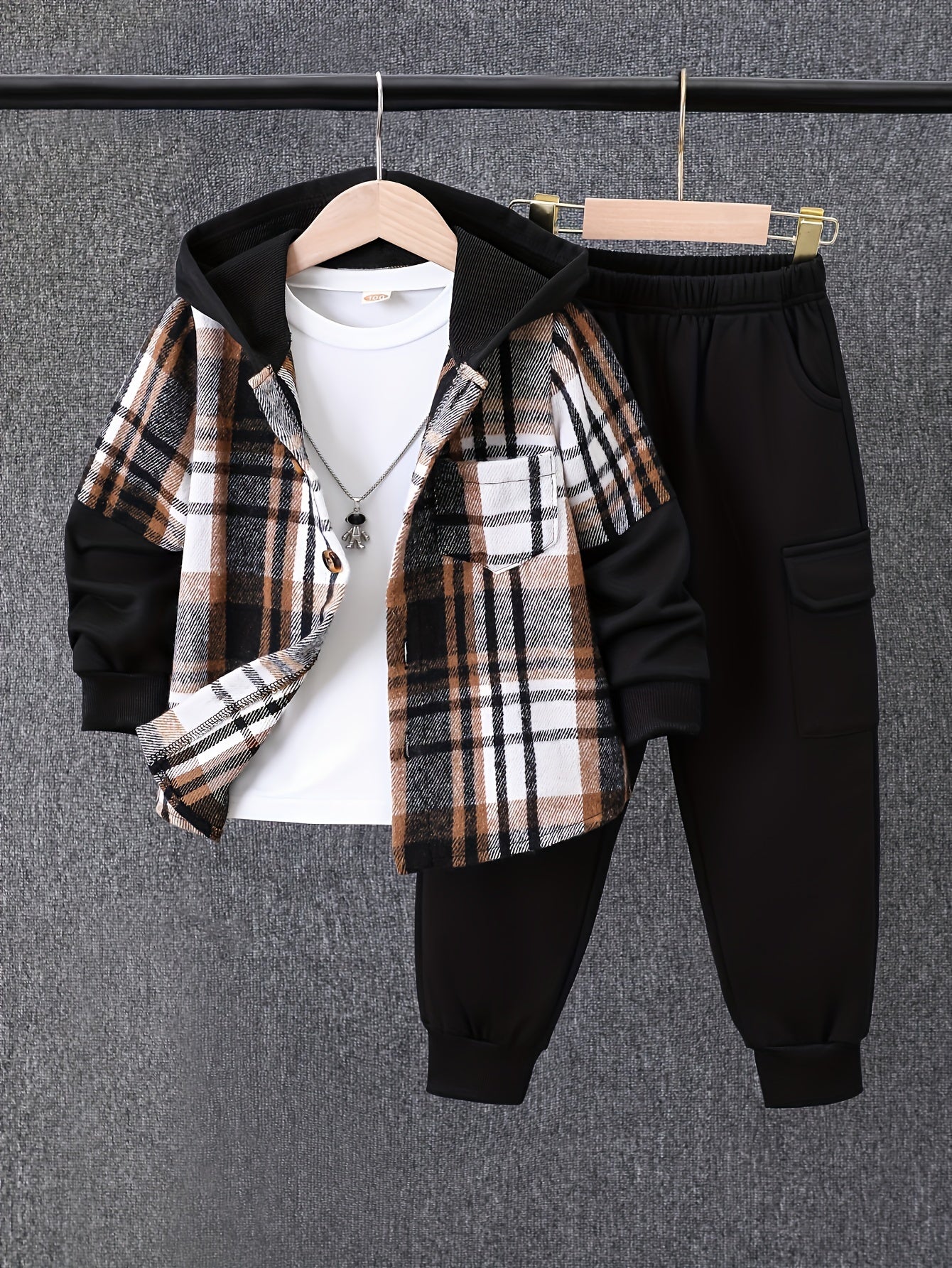 2pcs Fall And Winter Boys Long Sleeved Plaid Cardigan Suit Hooded Jacket And Fashion Work Pants