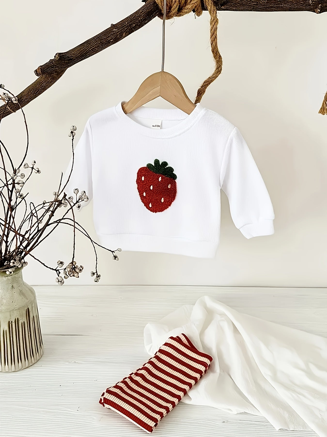 2pcs Set For Girls Featuring A Sweet And Cute Strawberry Pattern - Long Sleeve Round Neck Pullover And Striped Long Pants, Trendy Children'S Outfit For Girls, Autumn Kids' Clothing, Baby Girl Outfits, Toddler Girls' Clothing,